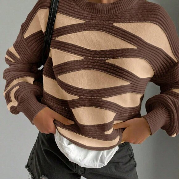 Khaki & Browm Casual Women's Round Neck Wave Stripe Long-Sleeved Knit Sweater - Picture 2 of 4